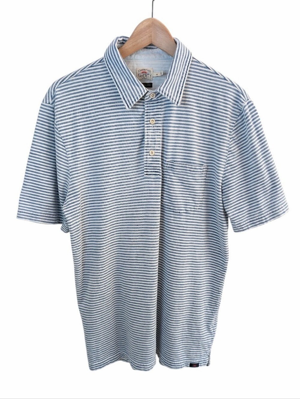 Faherty Indigo Dyed Blue and White Striped Polo Shirt Medium